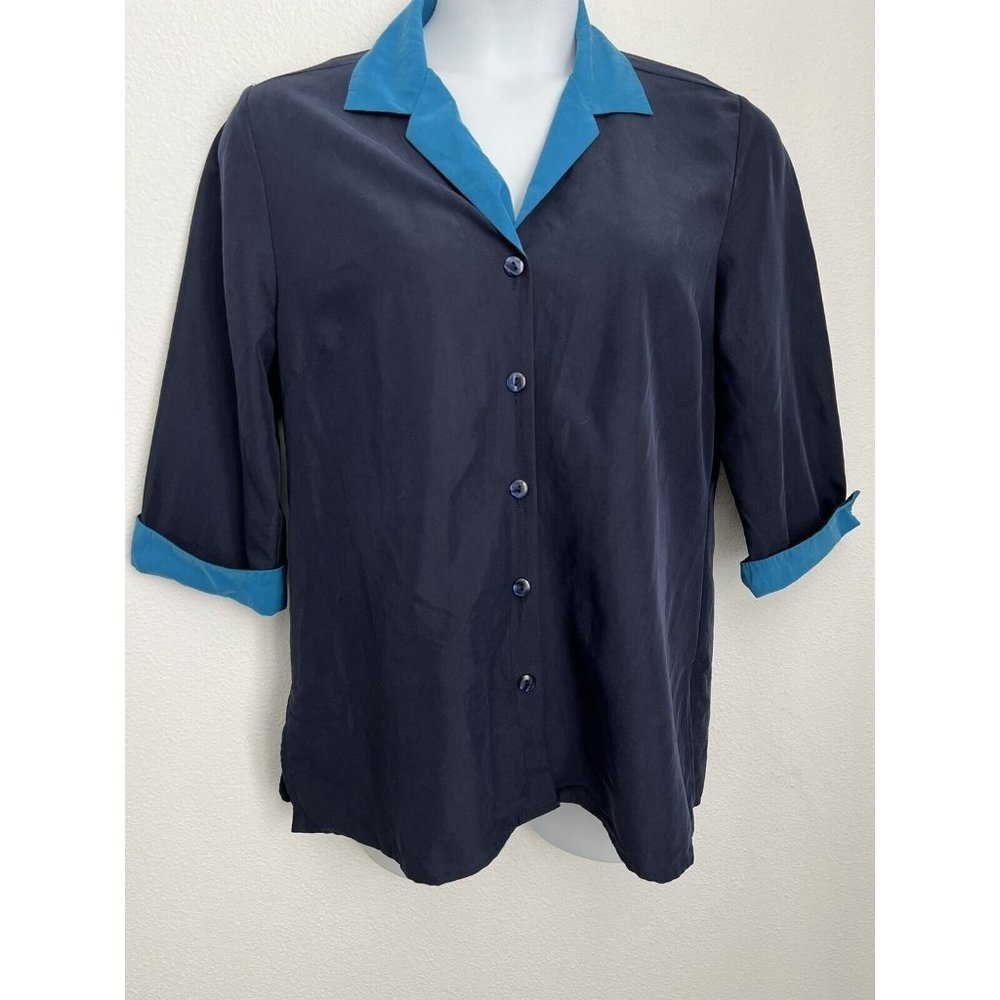 Islander Blue Color block Button Front Blouse 3/4 Sleeve Career Large L